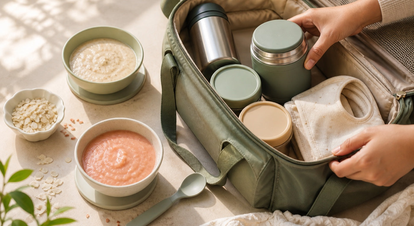 Parent packing baby travel food with bowls of soft porridge, insulated containers and feeding essentials