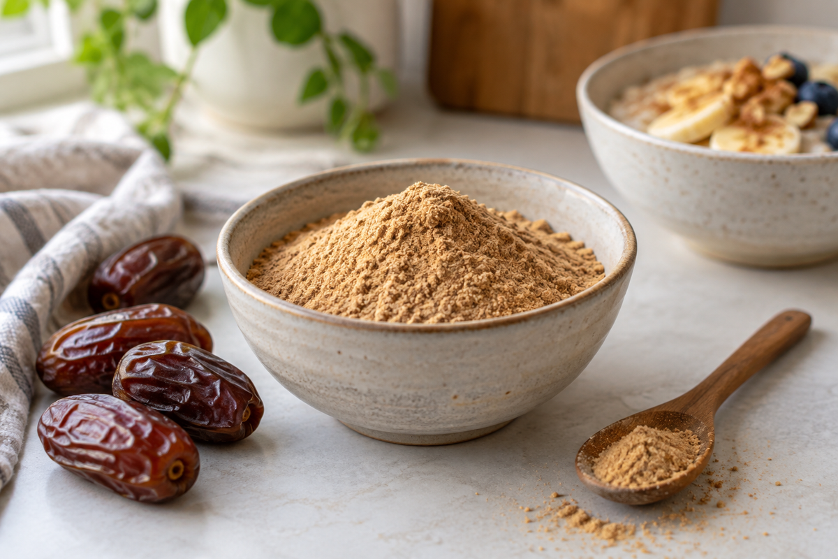 A ceramic bowl of dates powder beside whole dates and a wooden spoon, with a breakfast bowl in the background.