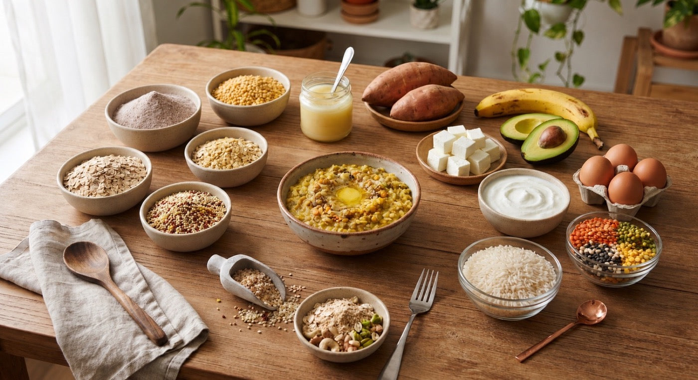 Healthy Indian foods for baby weight gain including ragi, dal, rice, sweet potato, banana, avocado, paneer, yogurt, eggs, and ghee