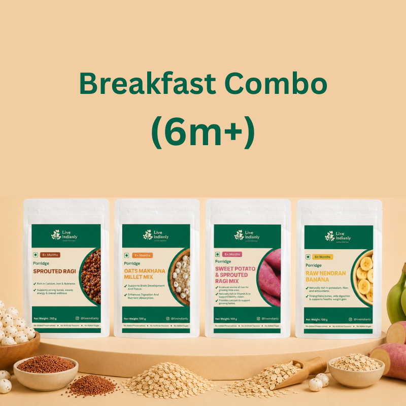 Live Indianly Breakfast Beginnings 6m+ combo with Sprouted Ragi, Oats Makhana, Sweet Potato Ragi and Raw Nendran Banana