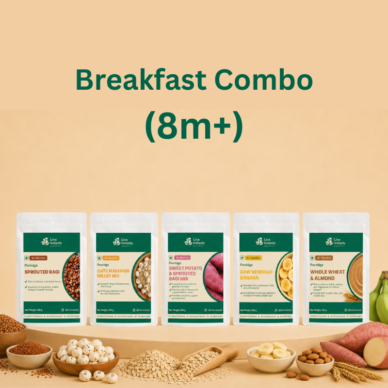Live Indianly Breakfast Explorer 8m+ combo with Sprouted Ragi, Oats Makhana, Sweet Potato Ragi, Raw Nendran and Whole Wheat Almond
