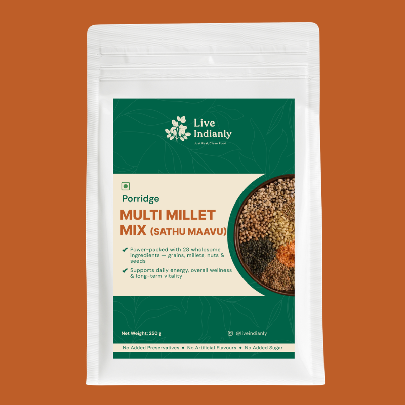 Live Indianly Multi Millet Mix (Sathu Maavu), 250 g front pack