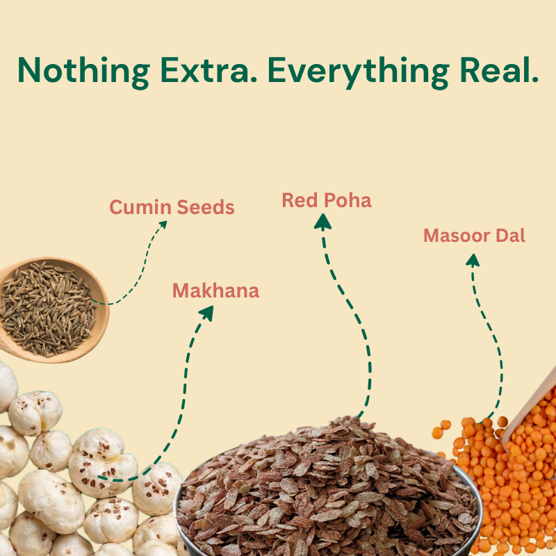 Red poha makhana masoor dal and cumin ingredients in Live Indianly Travel Mix