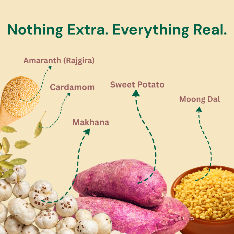Sweet potato moong dal amaranth makhana and cardamom ingredients in Live Indianly Travel Mix