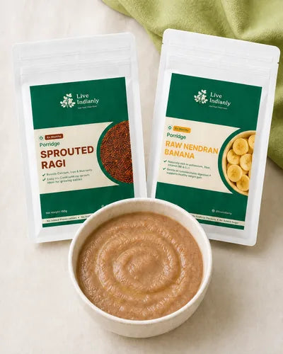 Live Indianly Sprouted Ragi and Raw Nendran Banana packs with prepared ragi porridge