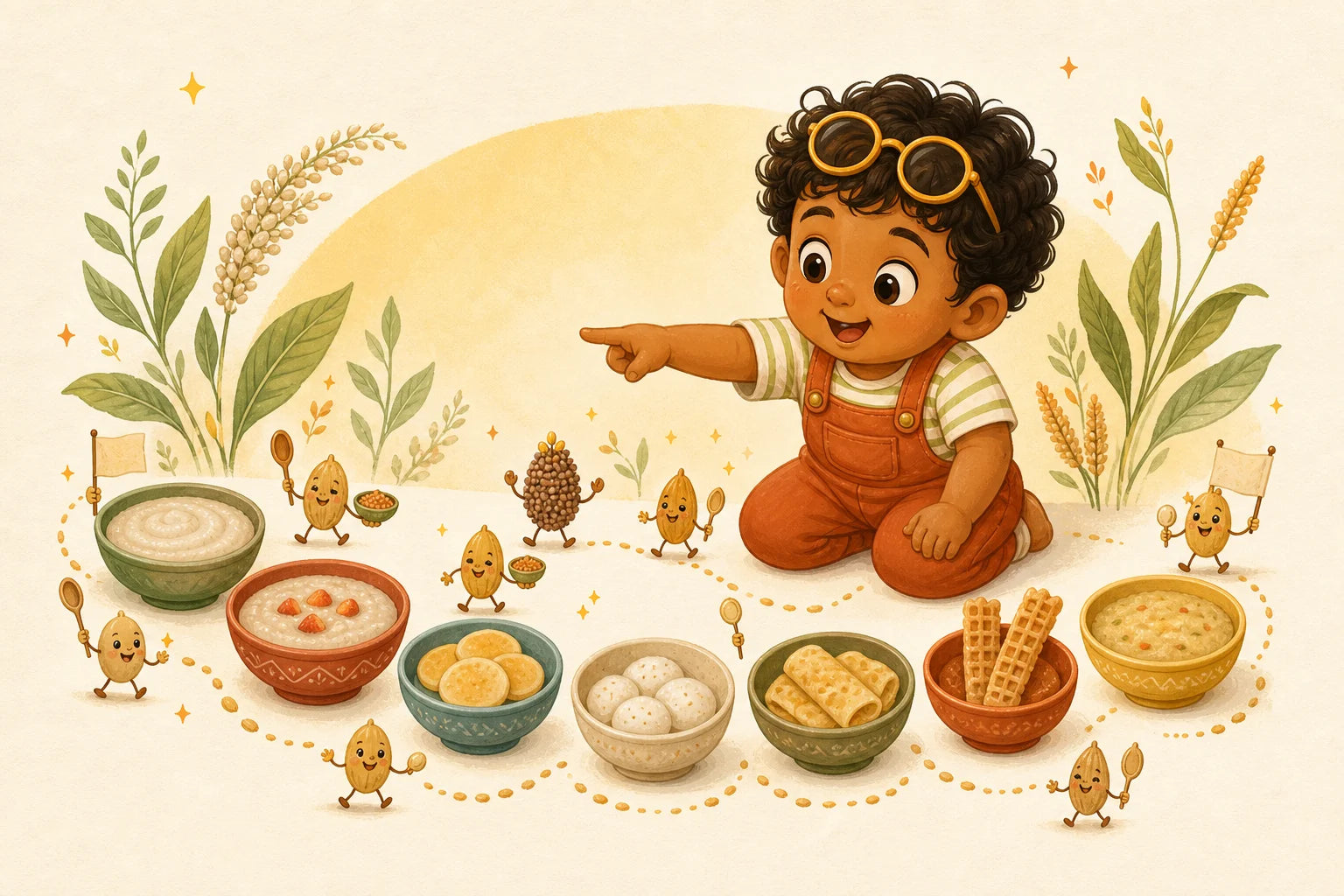 A 7-day baby breakfast routine illustrated with a curious toddler and soft Indian breakfast foods