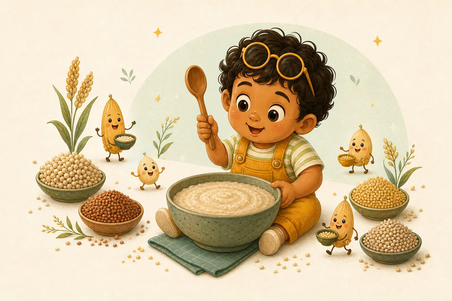 Millets for babies and toddlers illustrated with a curious toddler and soft Indian breakfast foods