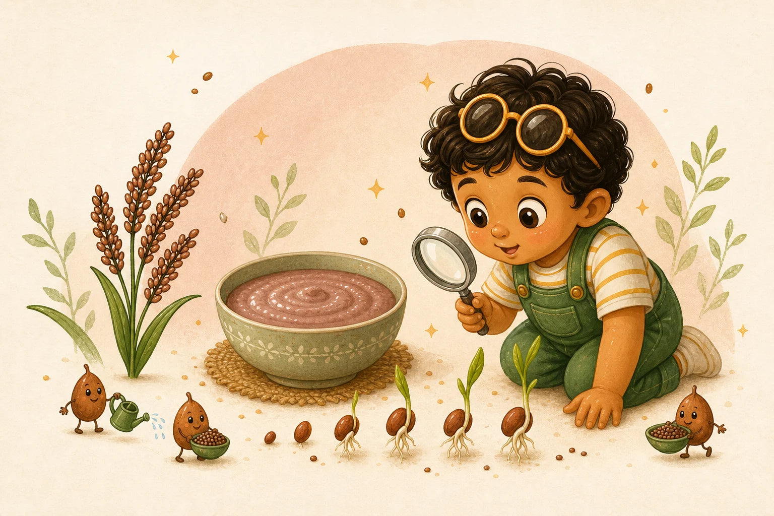 Sprouted ragi for babies illustrated with a curious toddler and soft Indian breakfast foods