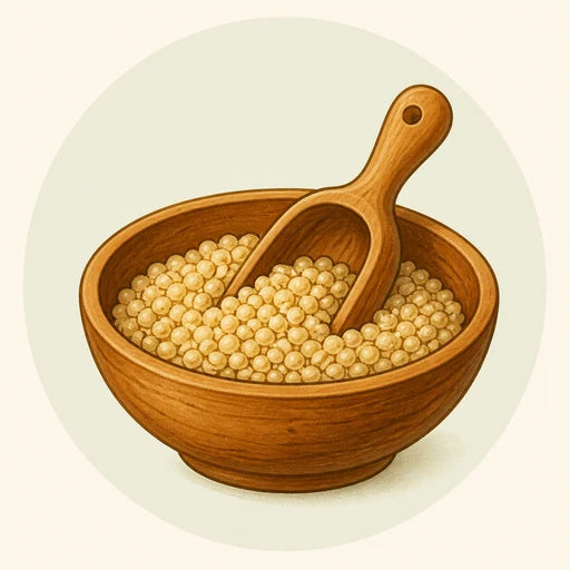 Wooden bowl of millet grains with a scoop
