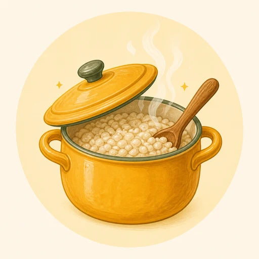 Millet cooking until soft in a warm yellow pot