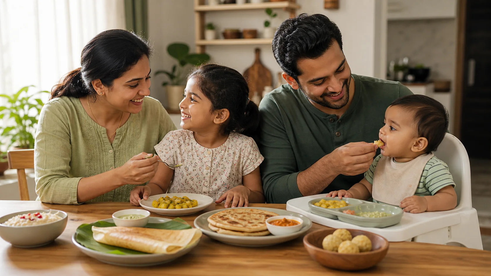 Mom, dad, older daughter, and one year old son enjoying Indian family food together