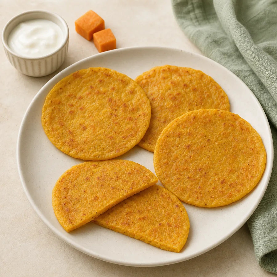 Soft round sweet potato cheela pancakes